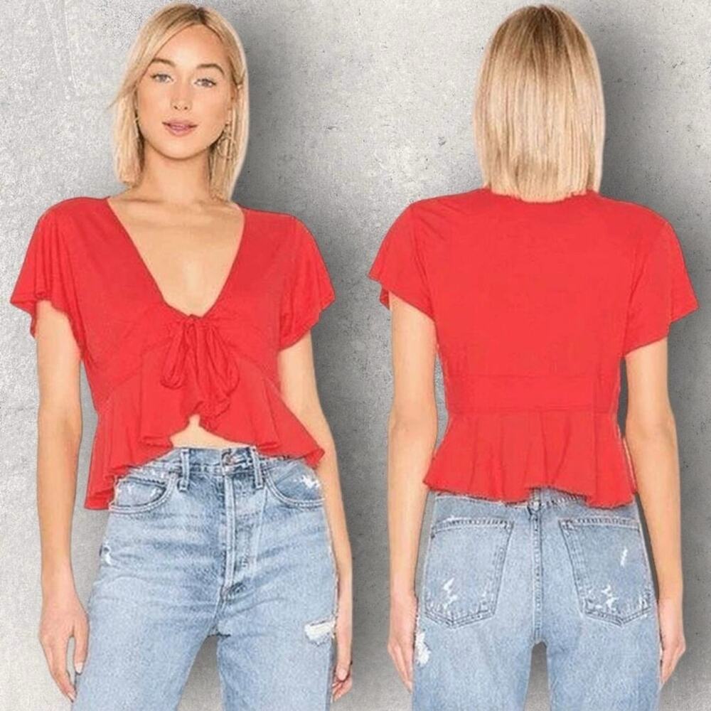 We The Free Red Tie Front Crop Top Women’s L V-Neck Peplum Boho Festival